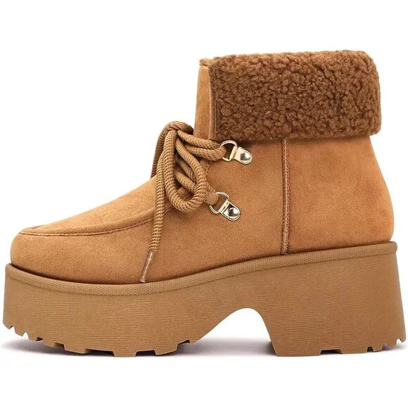 Women's Brown Platform Lace Up Snow Boots with Zipper & Chunky Heels - Picture 6 of 6